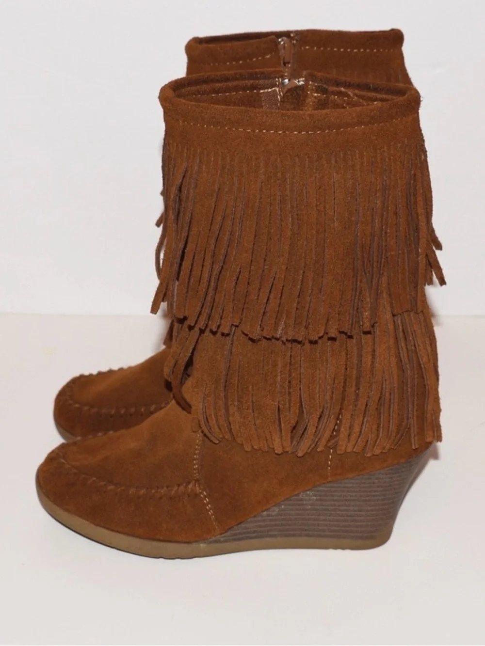 Minnetonka Fringe Suede Wedge Booties - Brown